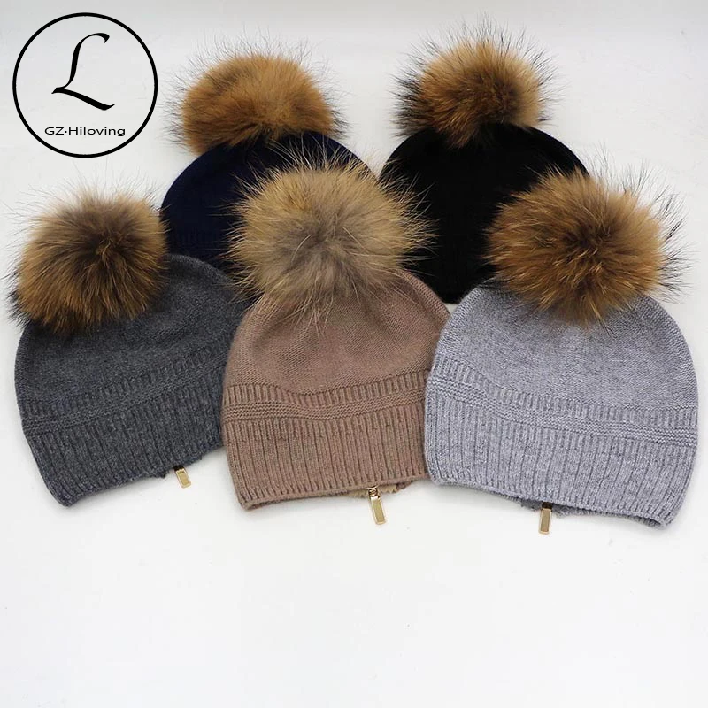 

Beanies Cap Winter Knitted Hats With Zipper Adjusted Paisley Hat Fur Lady Real Raccoon Fur Pompom Hedging Cap Vrouwen Muts 6905