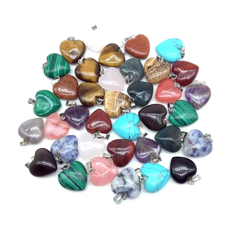 50  pcs a lot Colorful Stone Beads 20 mm Heart Charm Earring Pendants For Choker Jewelry Opal Carnelian Onyx Lapis Jaspers etc