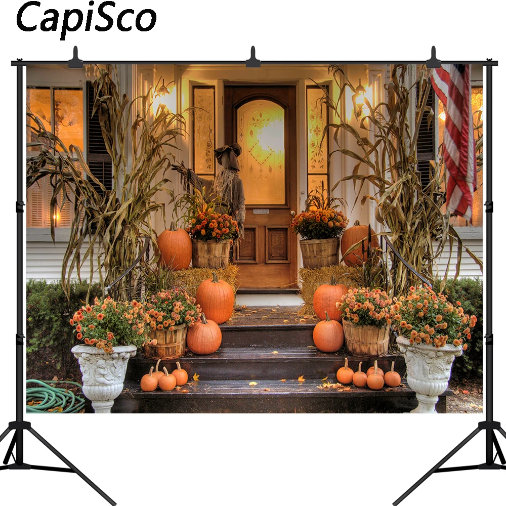 

Capisco background for photo studio Halloween pumpkin decoration door flower Scarecrow photography backdrop photobooth photocall