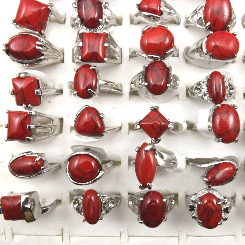 Mixed Size Red Semi-precious Stone Rings For Women Fashion Jewelry 50pcs Wholesale