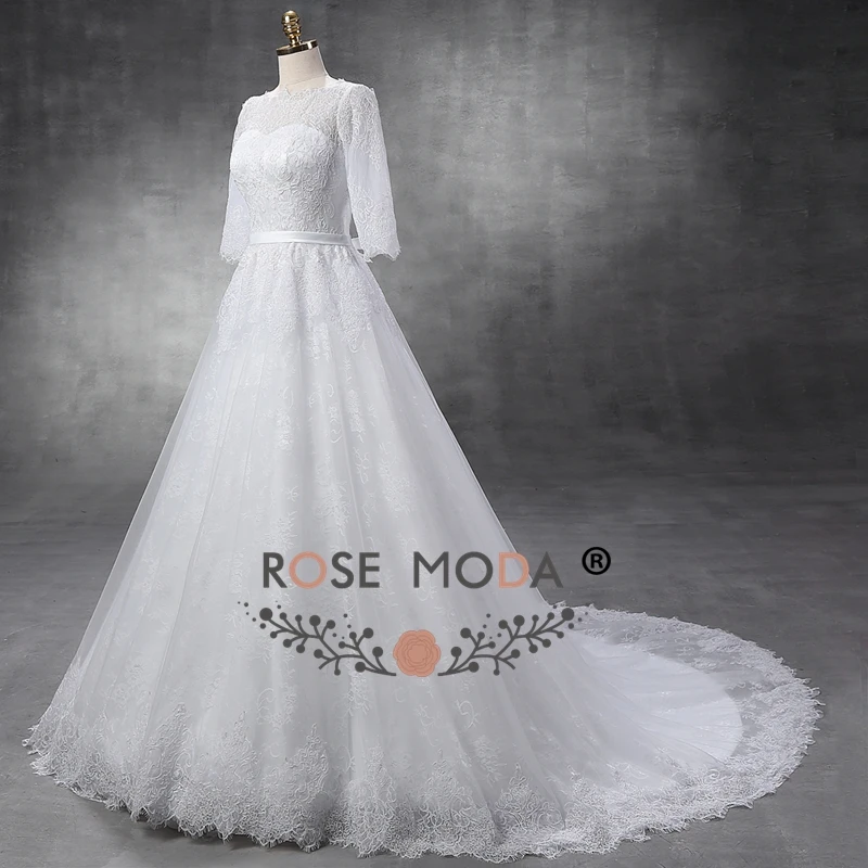 Rose Moda 3/4 Long Sleeves Lace Wedding Dress Real Photos