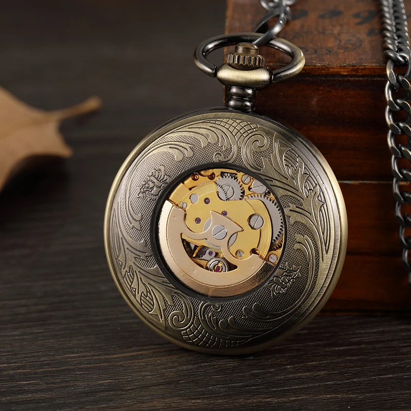 Vintage Bronze arábicos Caso Esqueleto Mecânico Pocket Watch Colar Retro Oco Cadeia Mão Assista Mulheres Homens Steampunk