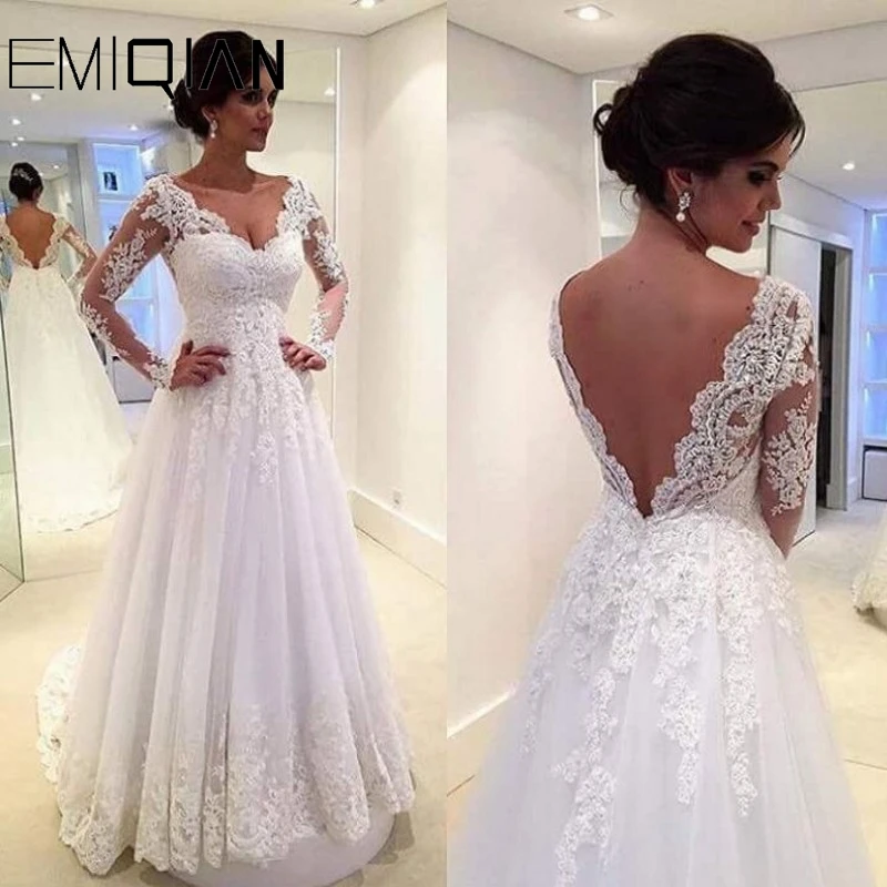 

Classical Bridal Gown A-Line V Neck Lace Appliques Long Sleeves Floor Length Wedding Dresses