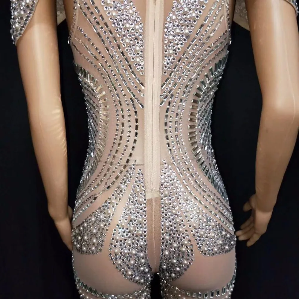 Women Sexy Mesh Silver Sparkly Rhinestones Jumpsuit Singer Dance Outfit See Through Nightclub Wear Birthday Celebrate Jumpsuit