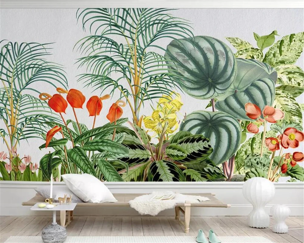 

beibehang Custom Mural Wallpaper Painting HD quality Hand Painted tropical plants Living Room TV background Wall 3d wallpaper