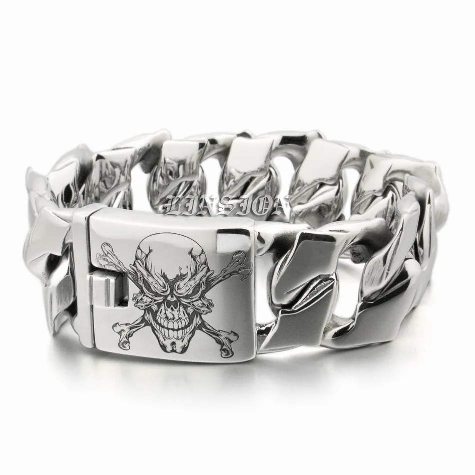 

Deep Laser Engraved Huge Heavy 316L Stainless Steel Pirate Skull Mens Boys Biker Rock Punk Curb Link Bracelet 5F102