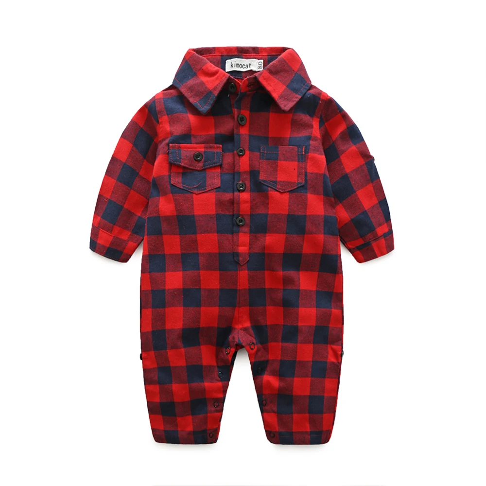 Plaid bebes clothes baby clothes long sleeve lapel baby romper newborn cotton baby costume baby boys newborn clothes