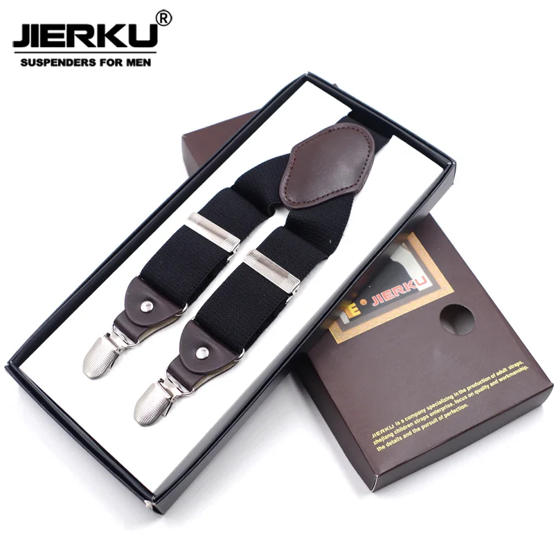 JIERKU Suspenders Man's Braces Leather 4Clips Suspensorio Fashion Trousers Strap Father/Husband's Gift Tirantes Hombre JK4C08