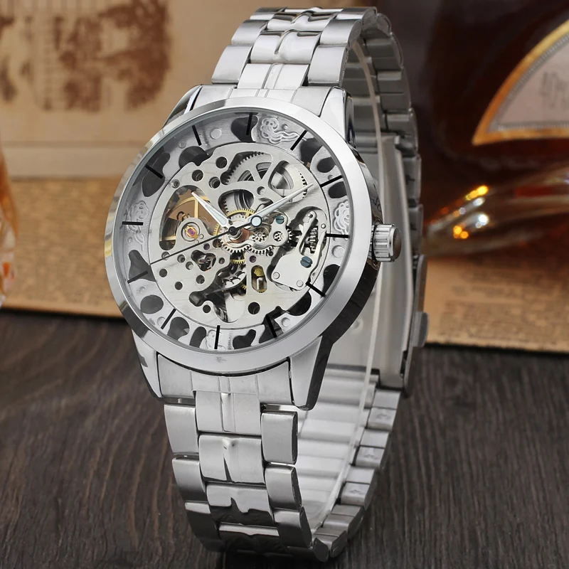 Luxury Men\'s Gold Full Steel Transparent Watch Skeleton Automatic Mechanical watches Steampunk Clock men Relogio Masculino 2016