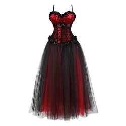 Women Sexy Lace Overbust Corset Dress Corsets Bustier Top Gothic Strap Steampunk Corset with Long Dancing Skirts S-6XL