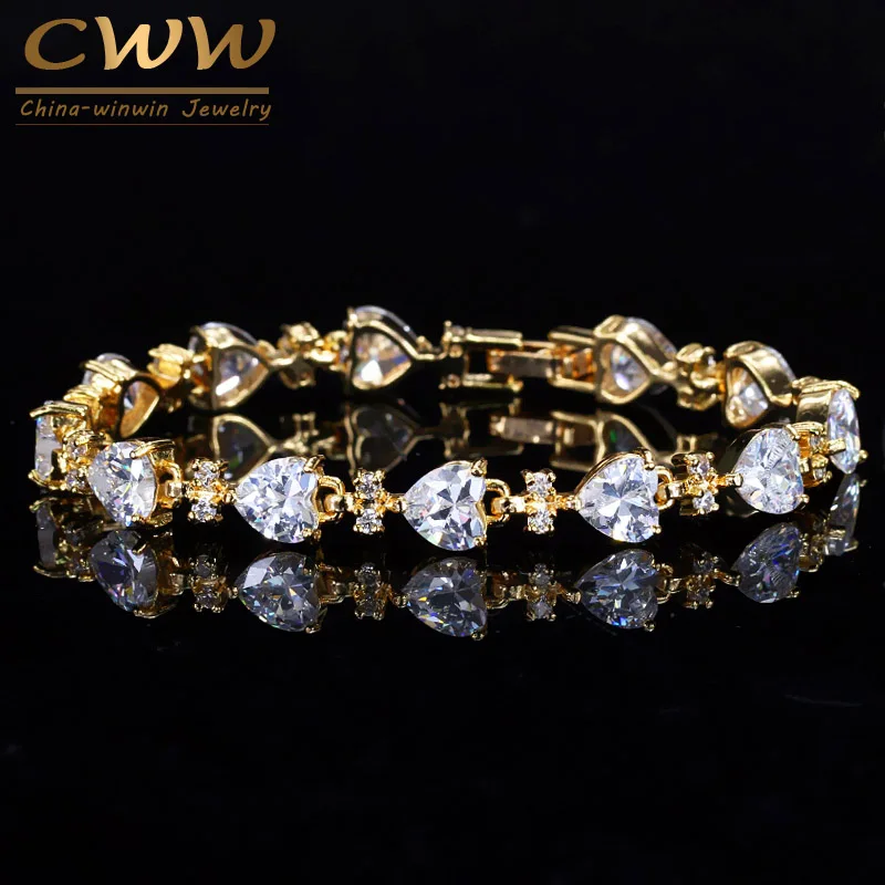 CWWZircons-pulsera de circonia cúbica con forma de corazón para mujer, brazalete con piedras de Color dorado amarillo claro, joya nupcial, boda, fiesta, CB100