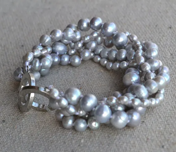 Perfect Women's Pearl Jewelry, Gray 100% Real Freshwater Pearl Bracelet,8 Inches AA 3-8mm 5Rows Fashion Lady's Jewelry