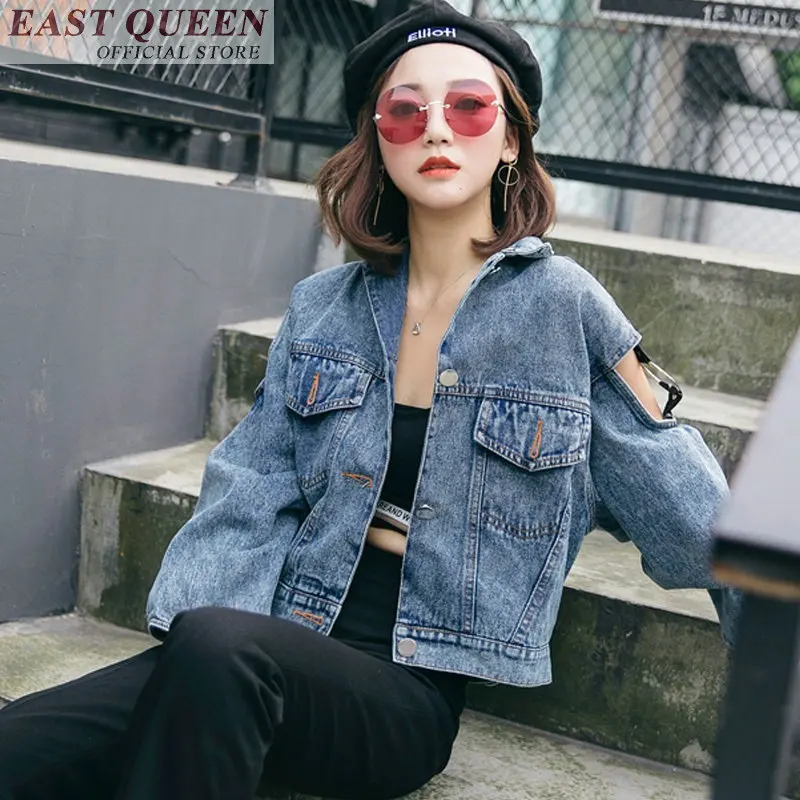 

Jeans jacket for outerwear full sleeve backless hollow out streetwear denim clothing turn-down collar solid sexy tops DD718 L