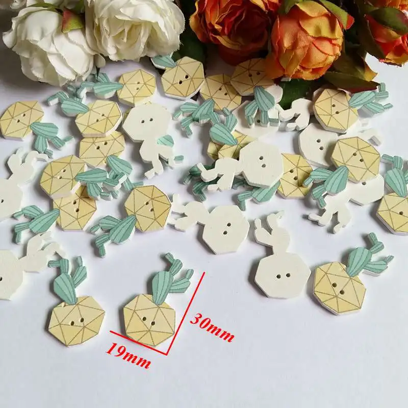 New 50PCs Mixed 5 Style 2-Hole Wooden Buttons Potted cactus Pattern Fit Sewing DIY Scrapbooking Accessories botones decorativos