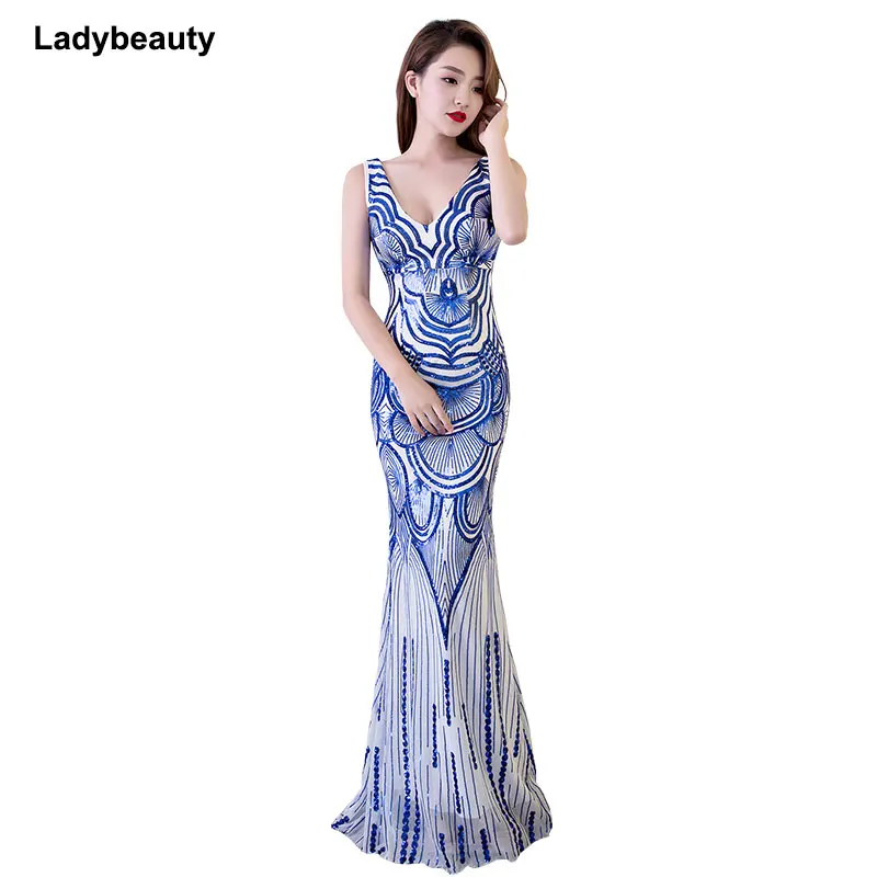 

Ladybeauty 2018 Vintage white Evening Dress V-Neck prom dress Mermaid Formal Party Dresses Evening Gown