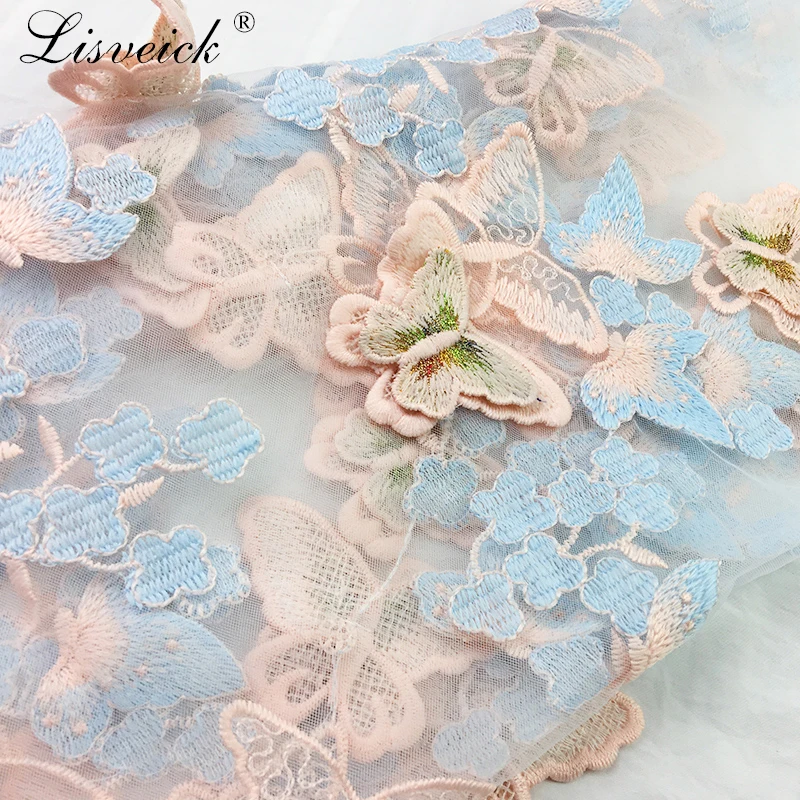 1Yard Exquisite 3D Butterfly Embroidery Lace Fabric Multicolor Gold Thread Bridal Gown Wedding Fabrics Tulle Cloth DIY Dress