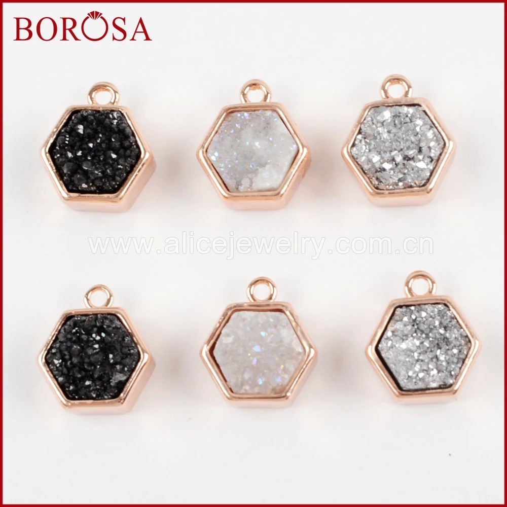 

BOROSA 10PCS Hexagon Rose Gold Color Bezel Natural Druzy Titanium Rainbow Charm Beads Drusy Pendant for Jewelry Making ZR0139