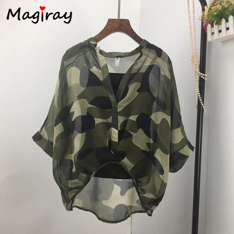 Magiray Batwing 3/4 Sleeve Chiffon Blouse Women 2020 Summer See Through White Shirt Leopard Cover Up High Low Female Top C169