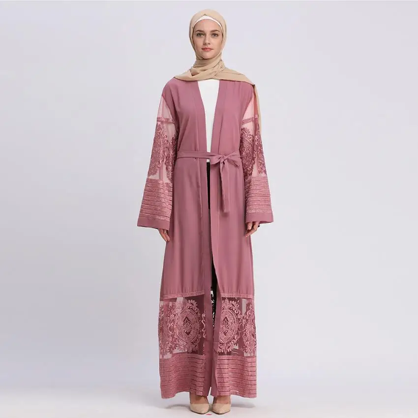 Muslim Fashion lace hollow cut cardigan Robe full length Musulmane Abaya Muslim Robe Arab Worship Service abaya kimono wj2814