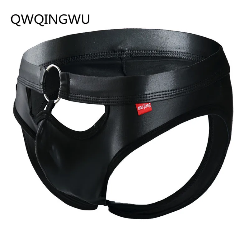 Sexy PU Leather Mens Underwear Briefs Male Underwear Briefs Sexy Underpants Low Waist Slip Men Panties Open Butt Thong Briefs