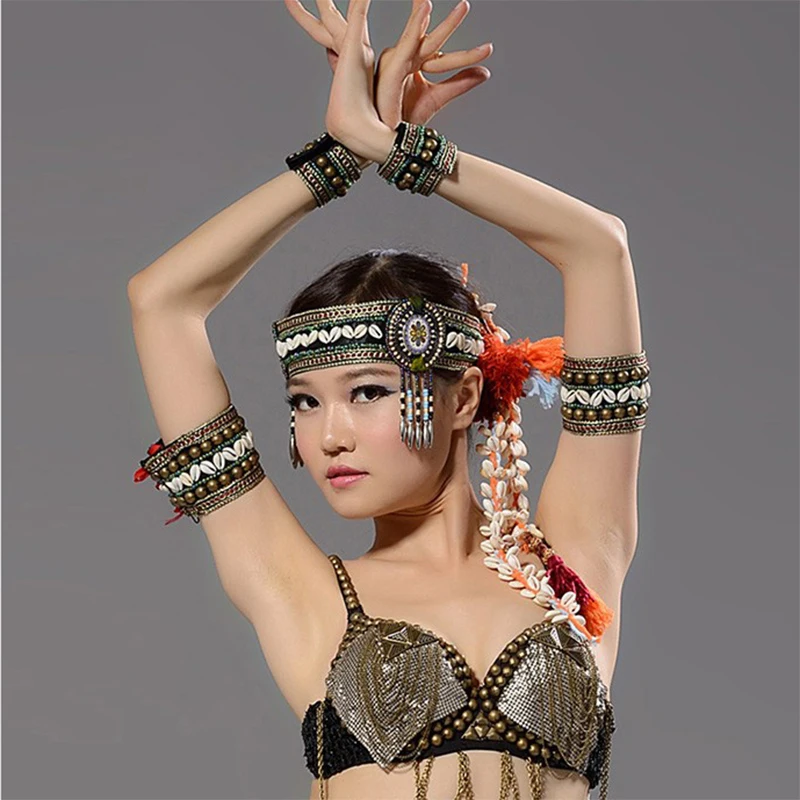 Ethnic Belly Dance Hair Accessories 3pcs Set Tribal Wristband, Armband and Headpiece Wrap Bangles Tribal Dance Bracelet