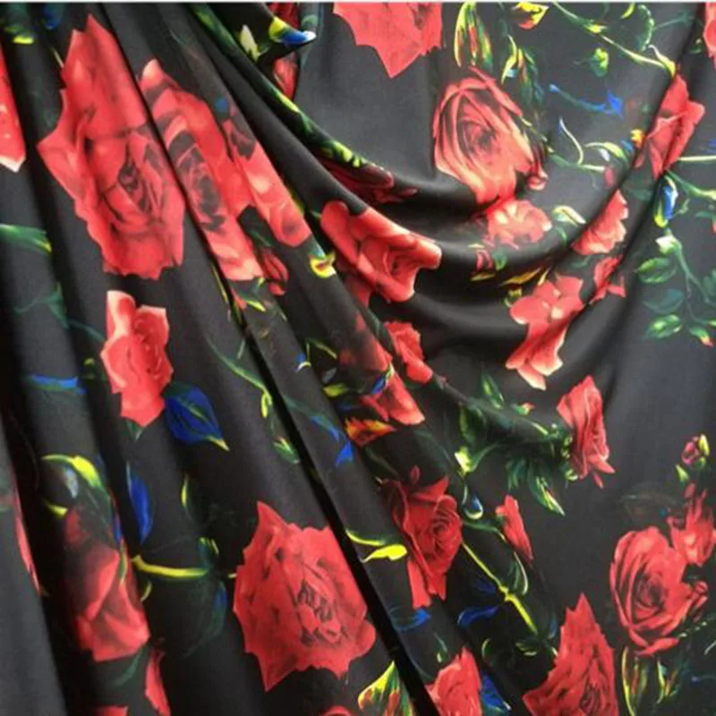 Good 4 Side Elastic Dance Fabric Cotton/Spandex knitted Fabric Red Rose Flower Print Fabric DIY Sewing Dress Clothing T-Shirt