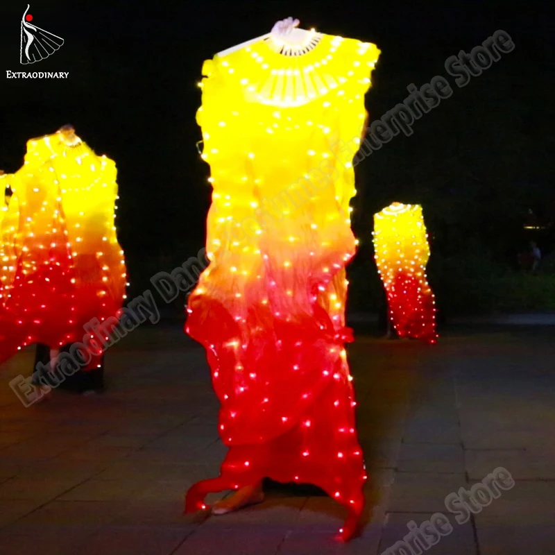 Belly Dance Fan Veils Silk LED Light Show Led Silk Fan Veil Yellow Red Prop Accessories Stage Performance Rechargeable