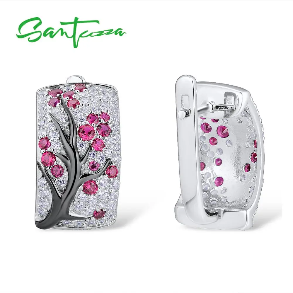 SANTUZZA Silver Earrings For Women Pure 925 Sterling Silver Pink Green Cherry Sparkling Cubic Zirconia brincos Fashion Jewelry