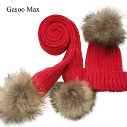 Conjunto de cachecol e chapéu infantis, cachecol de malha com pelo verdadeiro, gorro de crochê quente para inverno para meninos e meninas