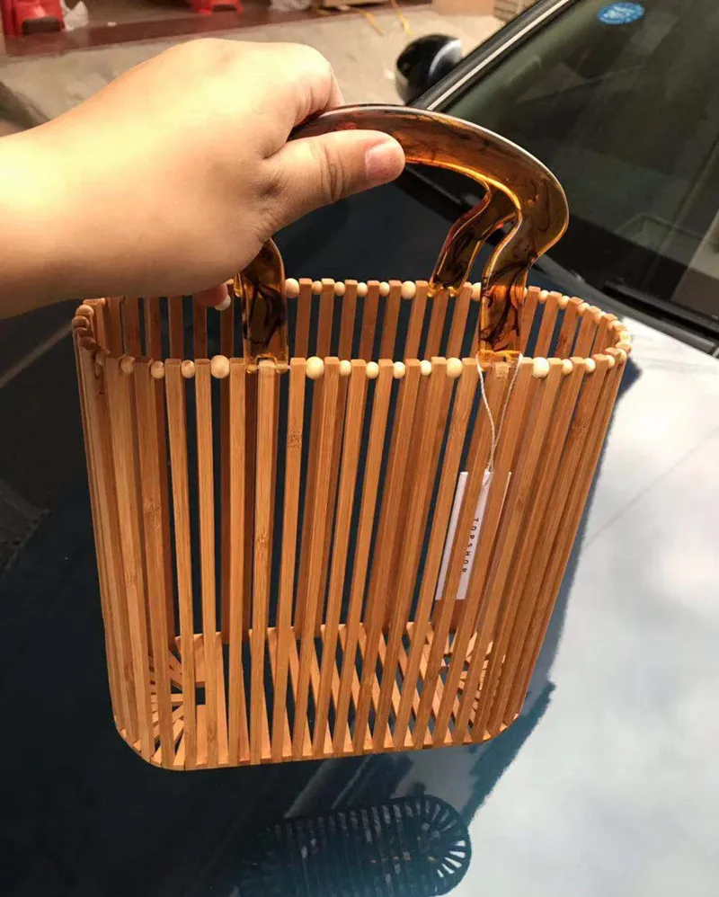 Fashion Luxury Women Bags Designer Acrylic Handle Woven Bag Bamboo bag Stitching Hollow Bag Clutch Bali Beach Holiday Handbag