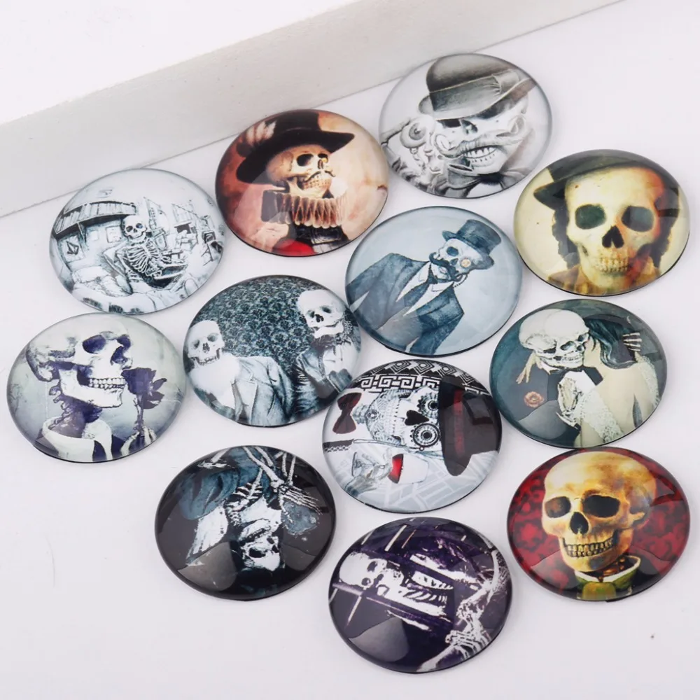 reidgaller Mixed Skull Photo Glass Cabochon 25mm 20mm 18mm 14mm 12mm 10mm diy Round dome jewelry pendants findings