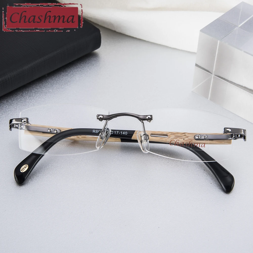 Chashma Brand Pure Titanium Frame Bamboo Wood Prescription Glasses RX Men Rimless Wooden Eyeglasses