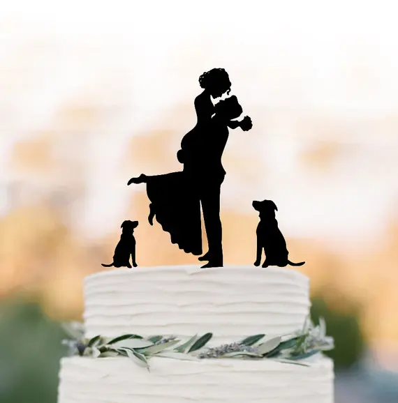 Unique Wedding Cake topper dog, Cake Toppers with Groom lifting bride, funny wedding cake toppers silhouette, two dog cake toppe