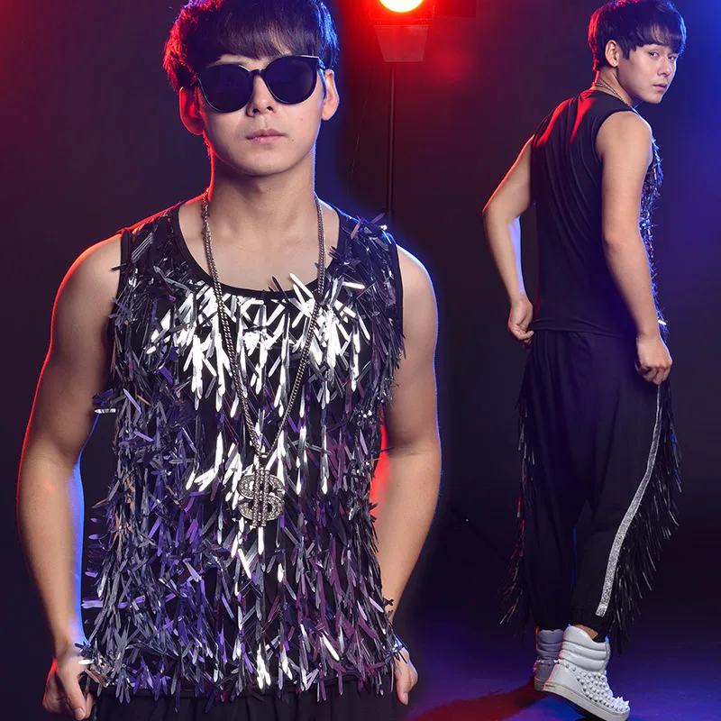 Hip Hop Dance Sequin Vest กางเกงสูท DJ นักร้องชายชุดบาร์ไนท์คลับโฮสต์ Stage Show เครื่องแต่งกายชุด DT776