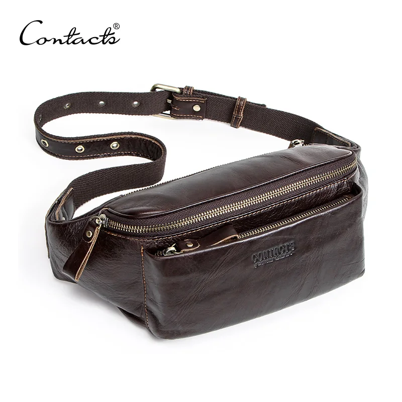 CONTACT\'S Genuine Leather men waist bag for iPhone vintage Travel Fanny Pack with card holder male Belt Bag zipper bum bag 2010