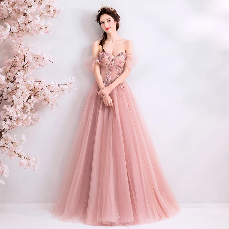 Romantische Off De Schouder Lange Prom Jurken A-lijn Fairy Rode Bonen Poeder Formele Party Dress 2019 Hot Koop Vestidos De prom Jassen