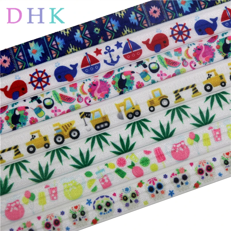 DHK 5/8'' 50yards aztec leaf skull sea drink printed Fold Elastic FOE stretch ribbon hairbow headwear headband DIY OEM S999