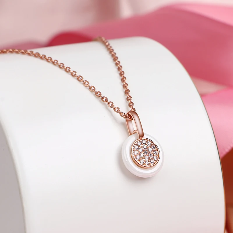 Exquisite Rose Gold Color White Cubic Zirconia Ceramic Round Necklace Pendants for Women Fashion Jewelry With Free Chain Jewelry