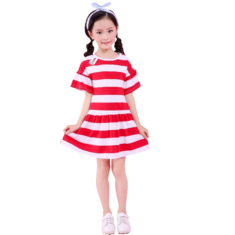 Summer new fashion girls dress Pure cotton Elastic force stripe Lotus Longuette kid clothes Party dresses Children clothing