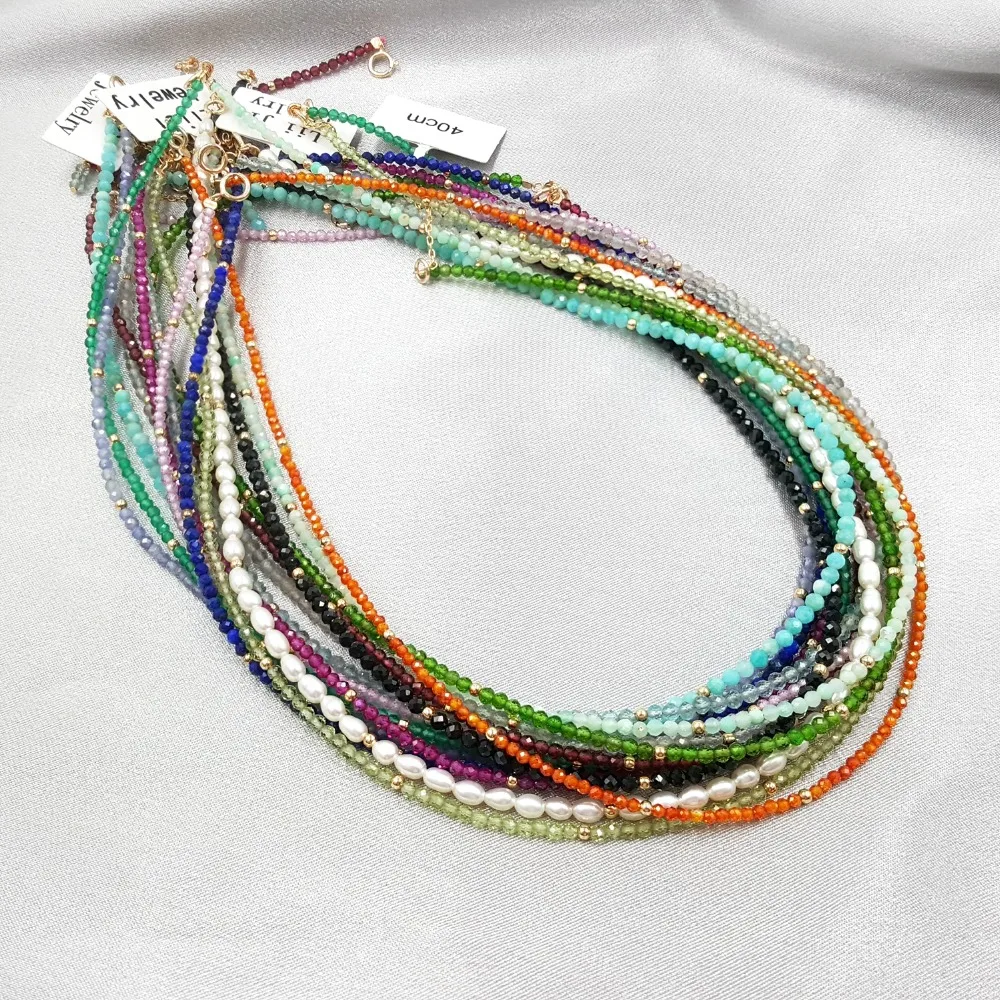 LiiJi Unique Black Spinels,Labradorite,Freshwater Pearl,Tanzanites,Amazonite,Apatite,Garnet,S925 Gold Color Delicate Necklace