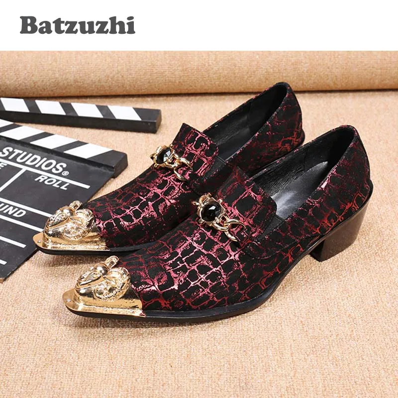 

Batzuzhi Luxury Handmade Men's Leather Shoes Gold Pointed Iron Toe Red Leather Dress Shoes Men Designer Men Wedding Shoes