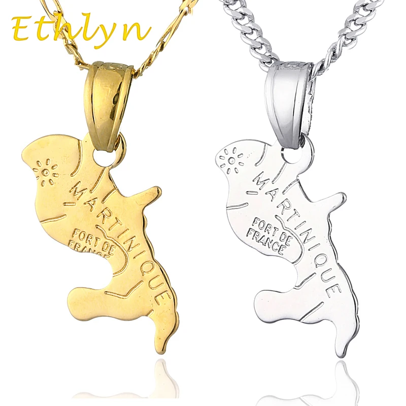 Ethlyn map of Martinique pendant & 45cm/60cm necklace yellow white gold /Gold Color  country map Martinique  jewelry P32