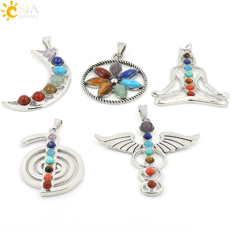 CSJA Chakras Natural Stone Crystal Pendant Angel Wings cho ku rei Health Amulet 7 Reiki Yoga Jewelry Necklace Pendants E015