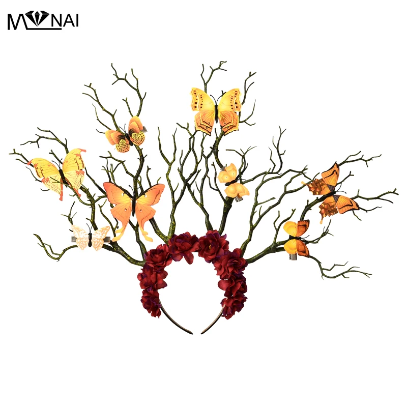 Long Antler Tree Branches Headband Props Horns Hair Accessory Cosplay Headpieces Kwaii Butterfly Flowers Horn Fancy Headdress