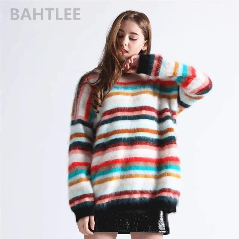 BAHTLEE-Women\'s Angora Rabbit Rainbow Patter Knitted Pullovers, Casual Long Sleeves Sweater, Loose Sweater, Keep Warm, Autumn, W