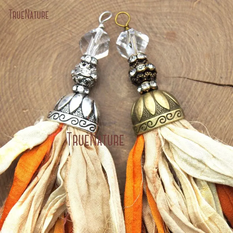 

New Arrival Color Orange Shades Sari Silk Tassel Pendant Gold Silver Copper Caps Crystal Quartz Beads Accent In 6.8 inch PM10536