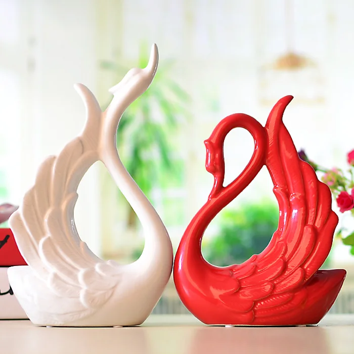 Exquisite Interesting Chinese Modern Porcelain Red and White Double Cute Swans Decoration Statues No.2