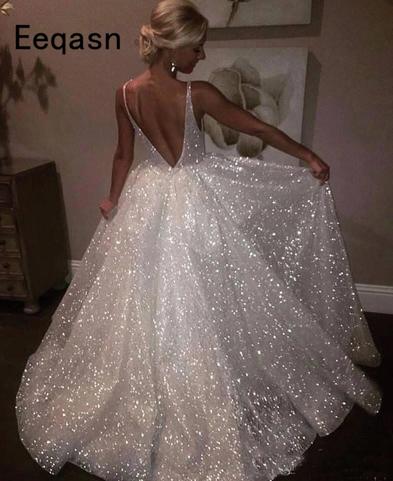 Sparkly Bling Dubai Brautkleider Sexy Back Öffnen Lange A-line V-ausschnitt Hochzeit Kleid Weiß Frauen Braut Kleider Plus Größe