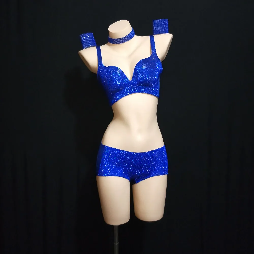 

Flashing Blue Rhinestones Bra Short Set Stage Bikini Clothes Set Bar Women Singer DJ Jazz Dance Women's Birthday Prom Outfit