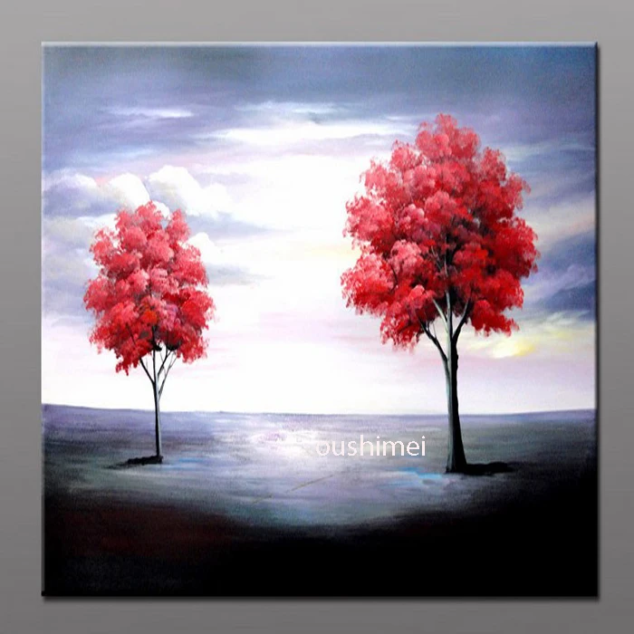 

Hand-painted Oil Painting On Canvas Free Shipping Red Tree Painted Home Decorative Landscape For Living Room Black&White View